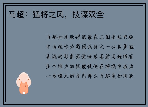 马超:猛将之风,技谋双全