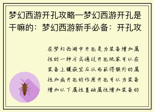 梦幻西游开孔攻略—梦幻西游开孔是干嘛的：梦幻西游新手必备：开孔攻略详解